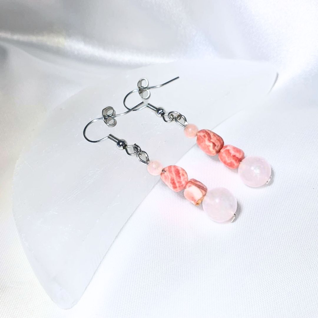 Rhodochrosite & Rose Quartz Crystal Earrings