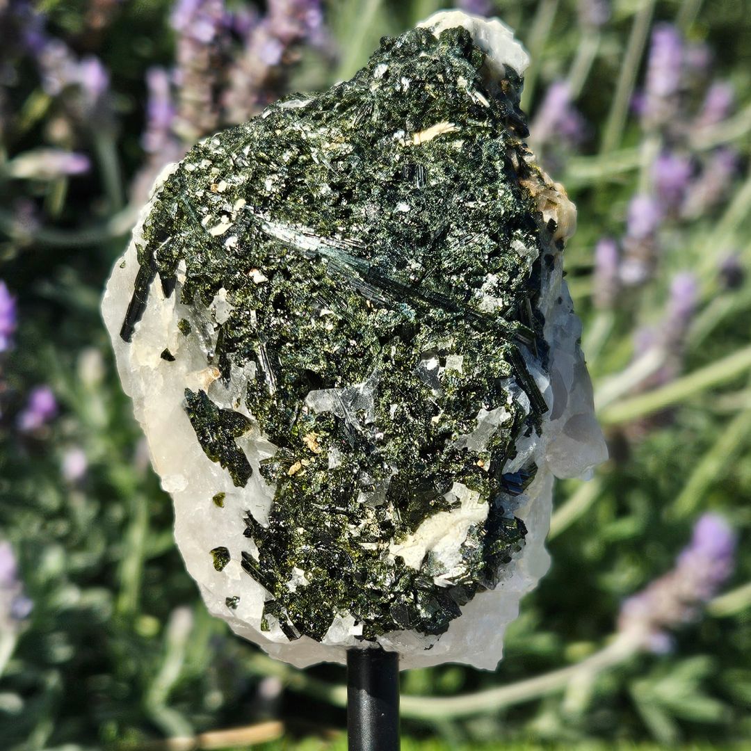 Green Tourmaline in Quartz on Metal Stand