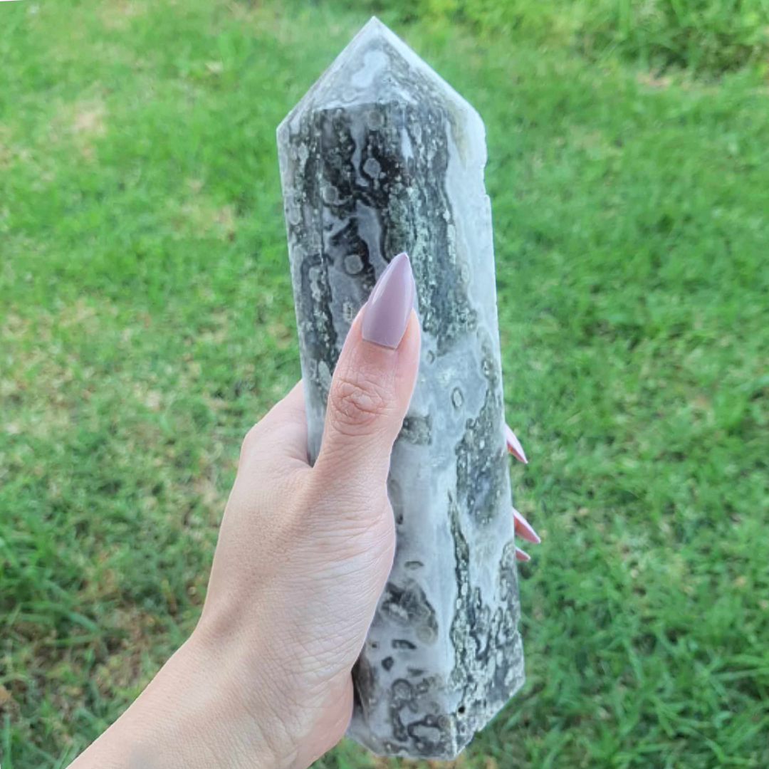 Large Moss Agate with Druzy Quartz Tower Point - 19cm, 749g