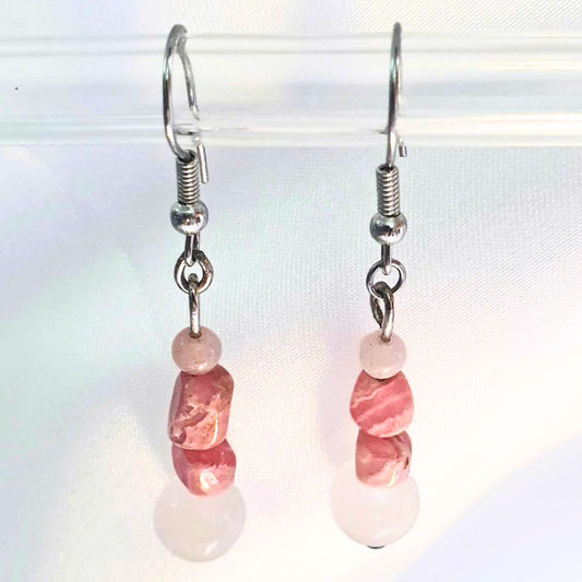 Sterling Silver Rhodochrosite & Rose Quartz Crystal Earrings