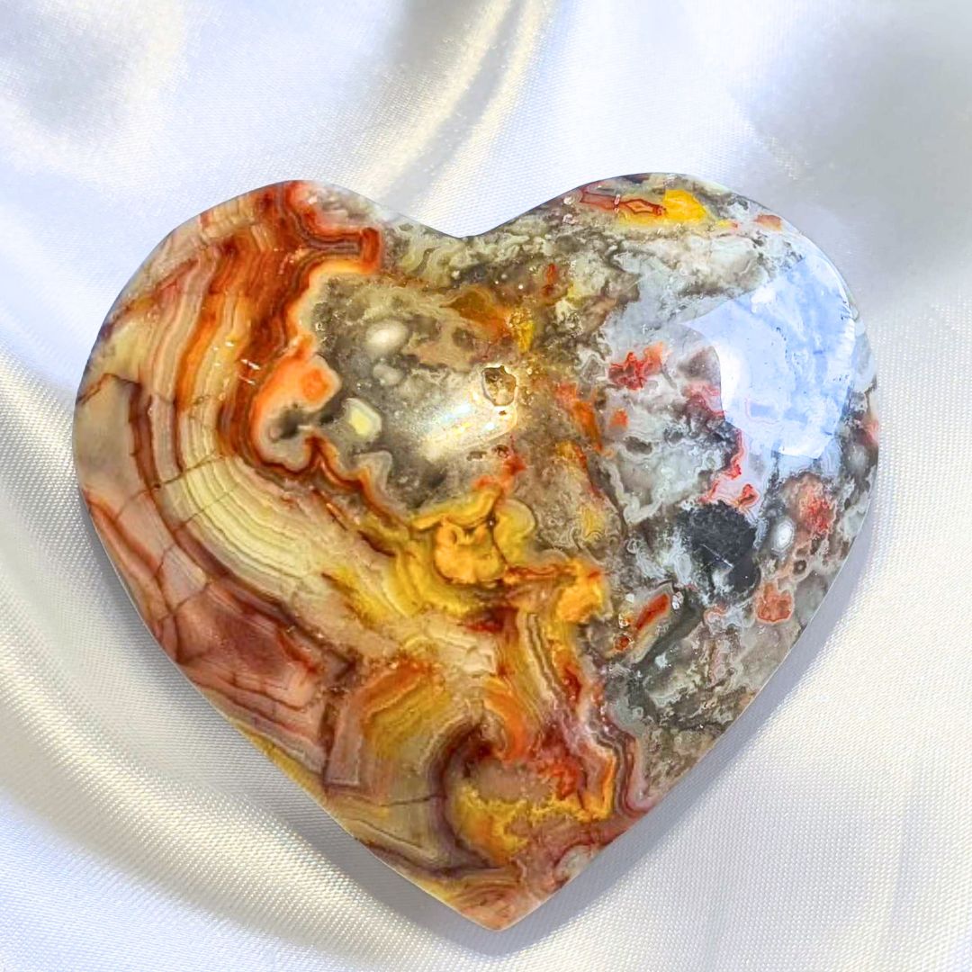 Crazy Lace Agate Puffy Heart Carving - includes stand