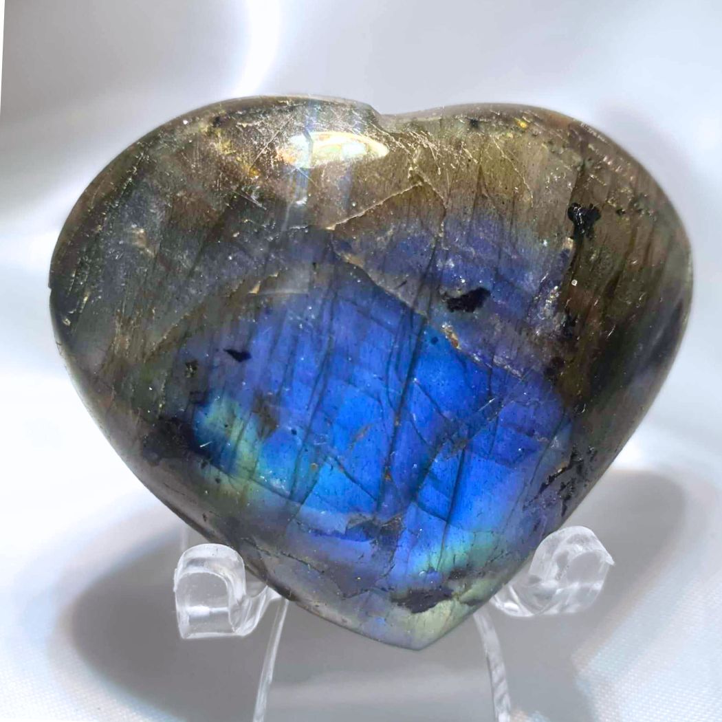 Labradorite Heart Carving with High Blue Flash - includes stand