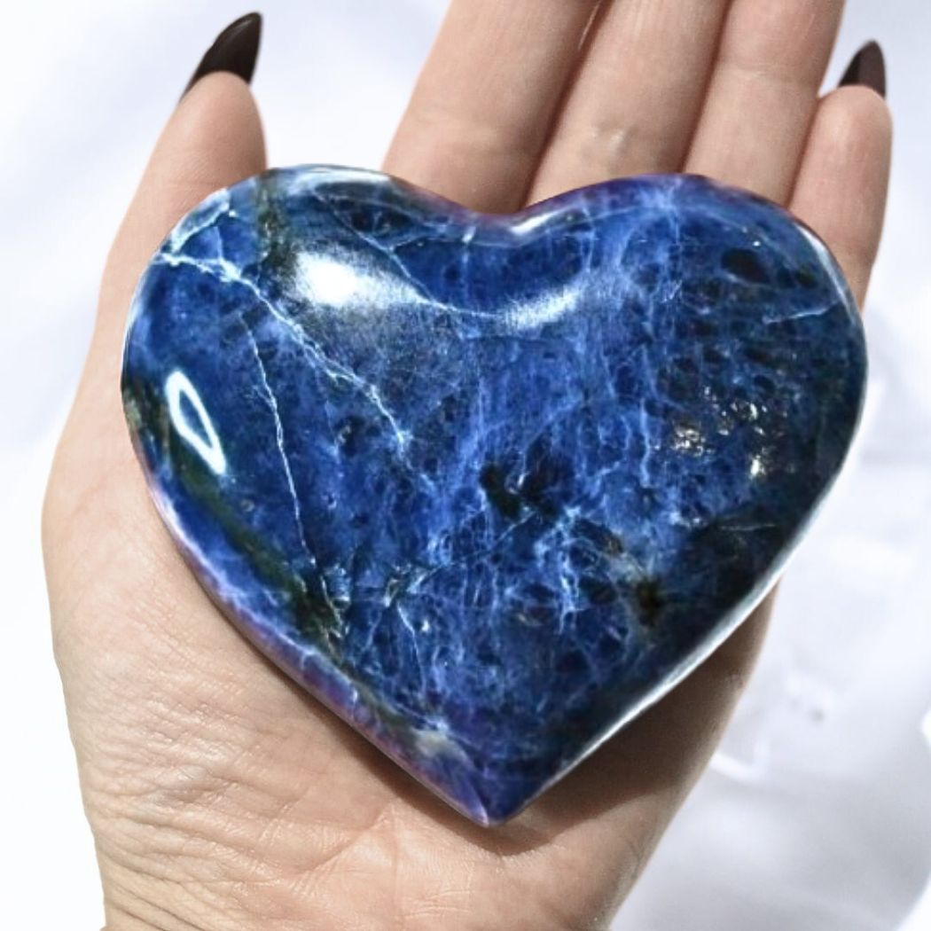 Large High Grade Sodalite Puffy Heart Carving with Silver Flash - includes stand