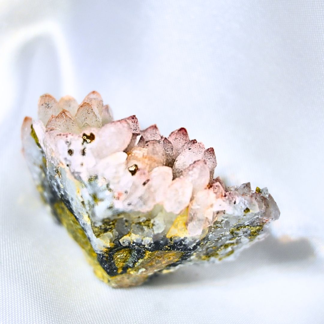 Golden Pyrite on Pink Chalcedony Cluster - Morocco