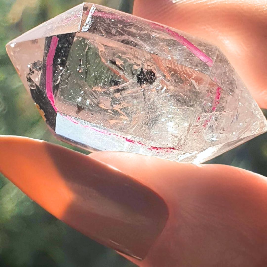 Natural Double Terminated Clear Quartz with Moving Carbon Enhydro