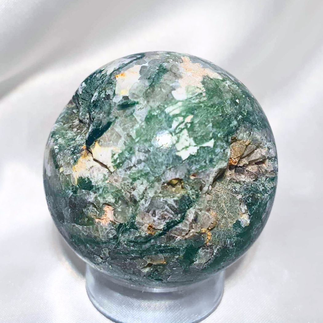 Moss Agate Sphere with Natural Openings - includes stand