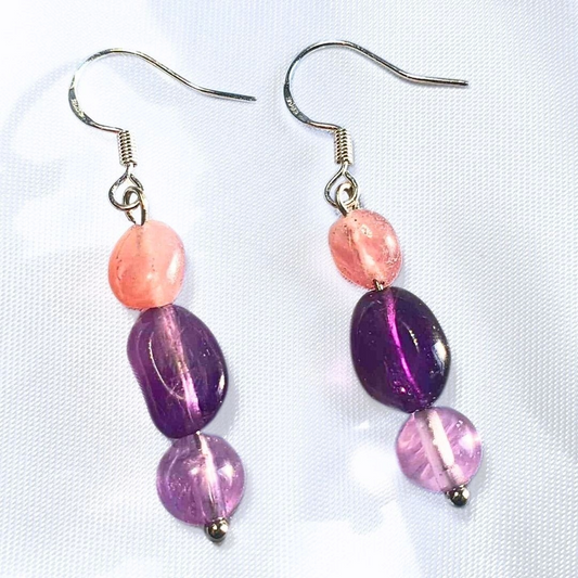 Sterling Silver Amethyst + Rose Quartz Crystal Earrings