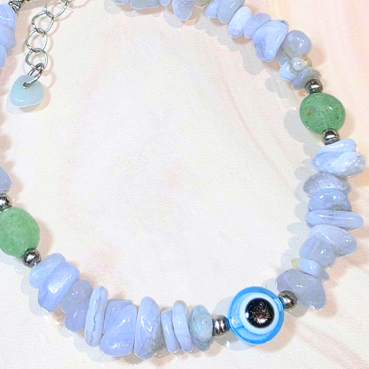 Blue Lace Agate & Aventurine Evil Eye Crystal Bracelet