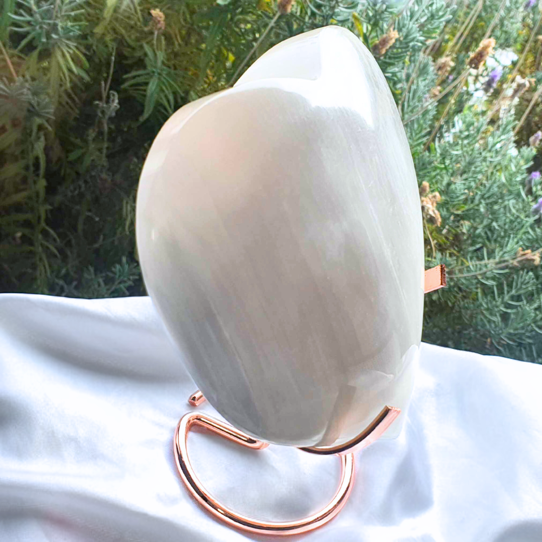 Giant Puffy Selenite Heart with Rose Gold Metal Stand - 930g