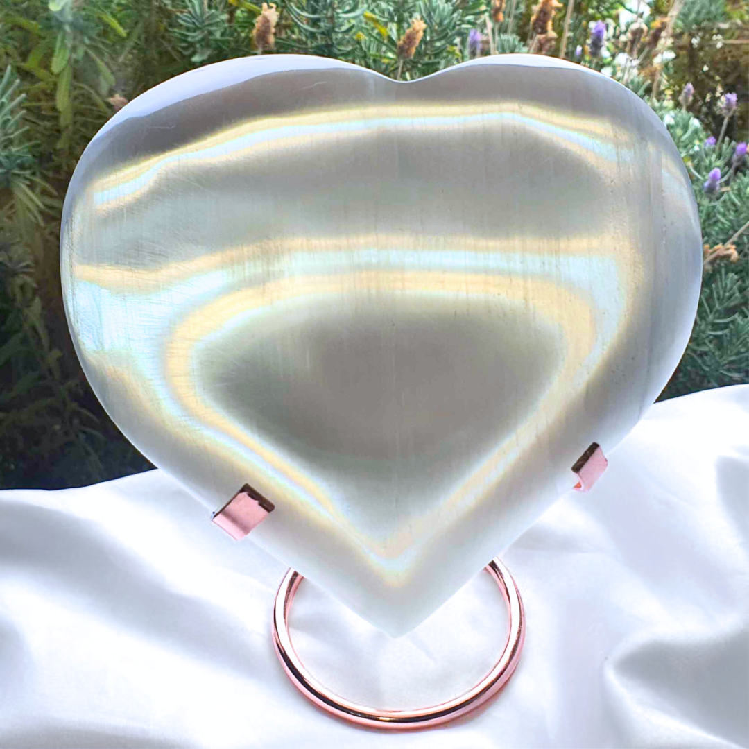 Giant Puffy Selenite Heart with Rose Gold Metal Stand - 930g