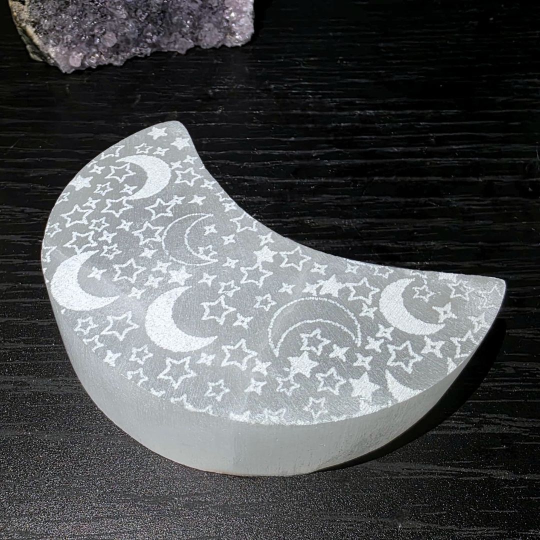 Satin Spar Selenite Moon Charging Plate
