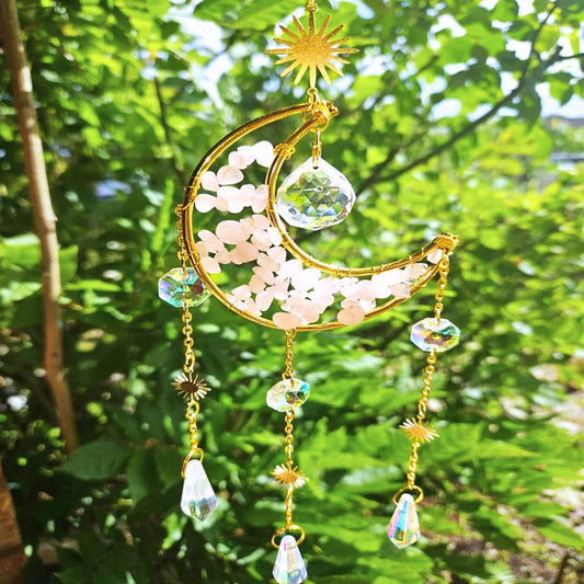 Large Wire Wrapped Moon Sun Catcher with Rose Quartz - 35cm long