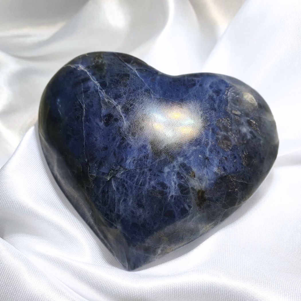 Large High Grade Sodalite Puffy Heart Carving with Silver Flash - includes stand