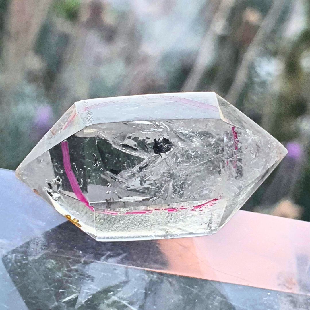 Natural Double Terminated Clear Quartz with Moving Carbon Enhydro