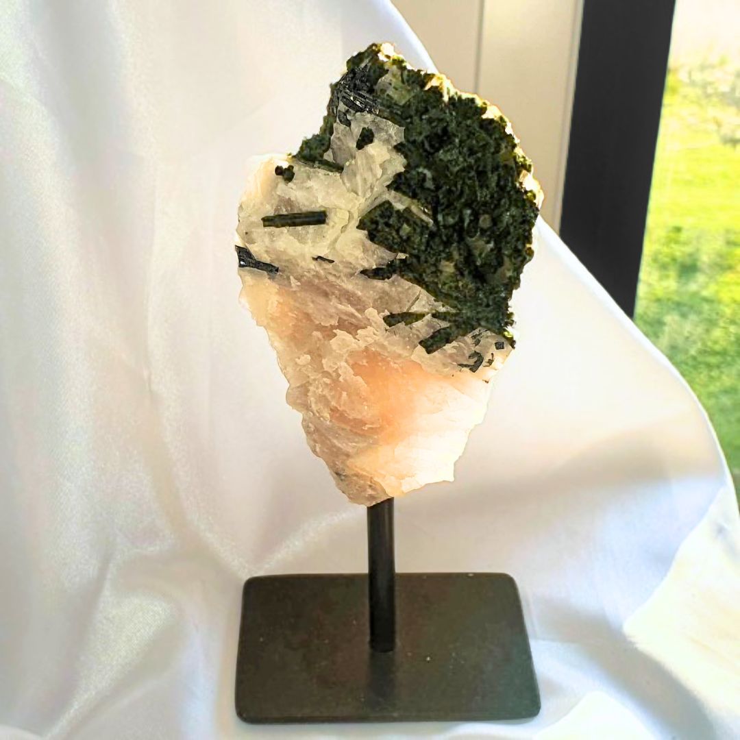 Rare Green Tourmaline on Quartz Cluster on Metal Stand - 306g