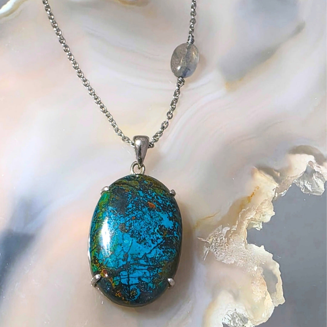 Rare Shattuckite & Labradorite 925 Sterling Silver Necklace