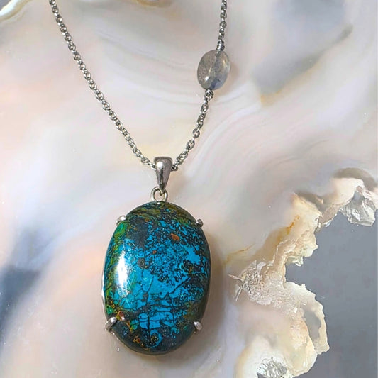 Rare Shattuckite & Labradorite 925 Sterling Silver Necklace