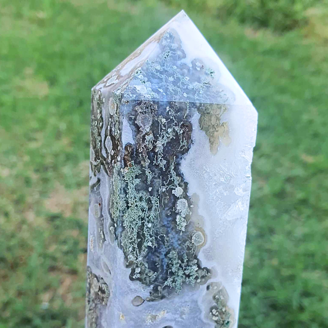 Large Moss Agate with Druzy Quartz Tower Point - 19cm, 749g