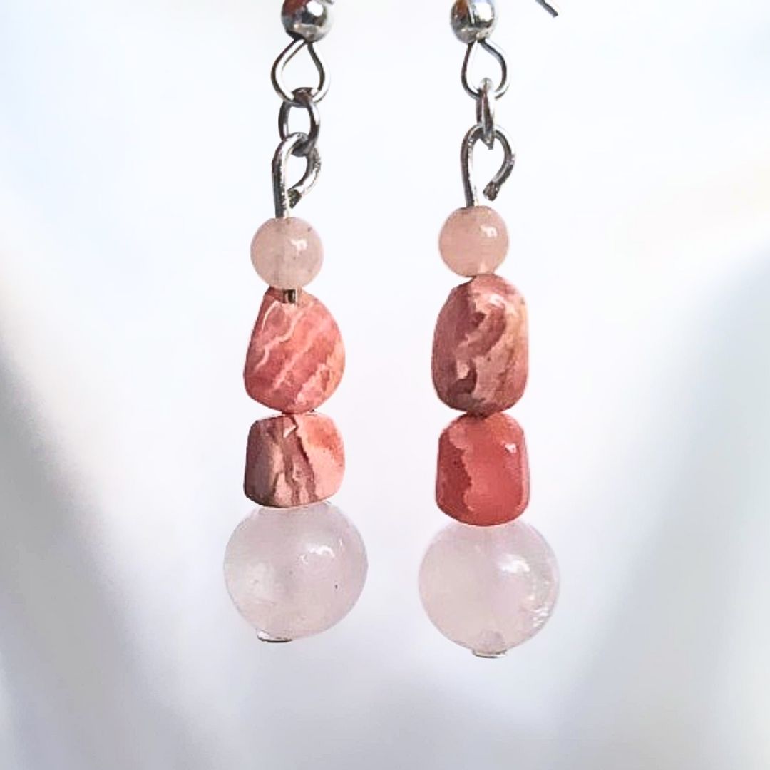 Rhodochrosite & Rose Quartz Crystal Earrings