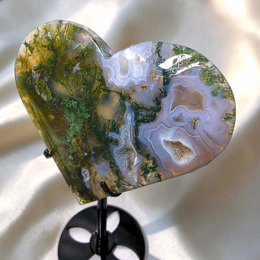 Druzy Moss Agate & Blue Chalcedony Heart on Stand - 16.5cm tall