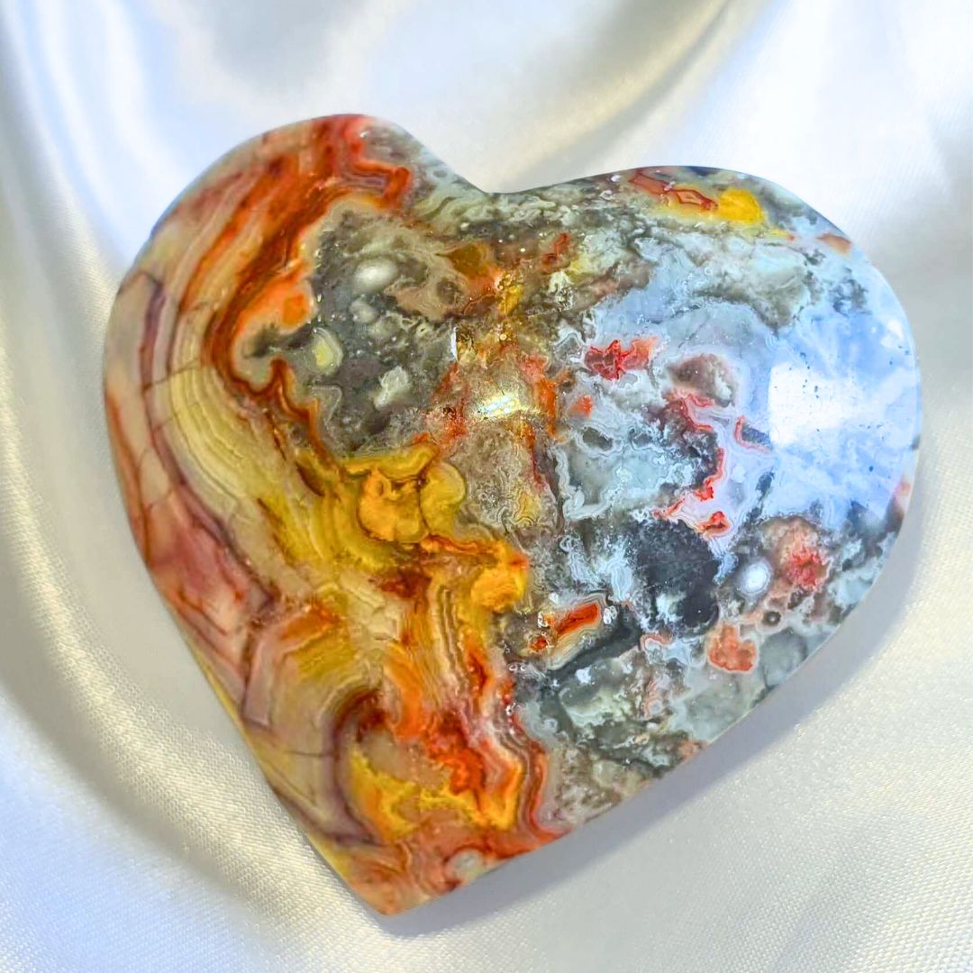 Crazy Lace Agate Puffy Heart Carving - includes stand