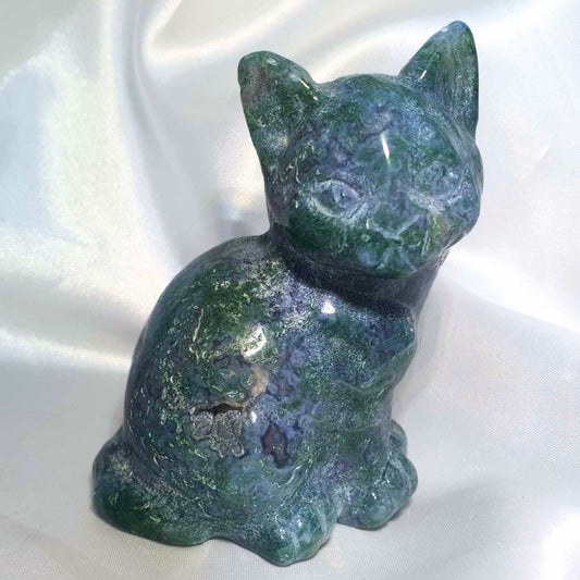 Large Moss Agate Cat Carving