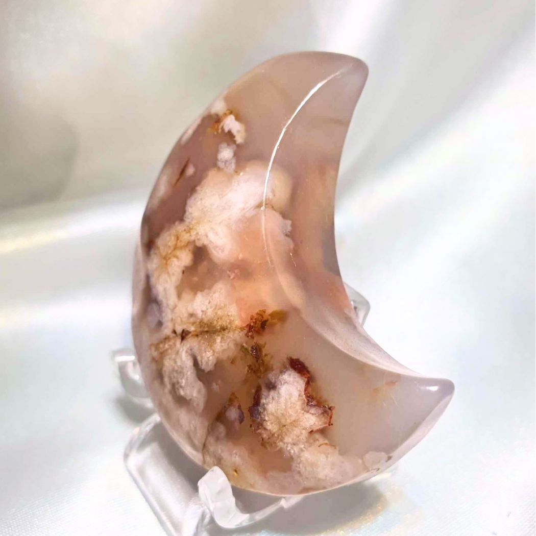 Flower Agate Crystal Moon Carving - includes holder