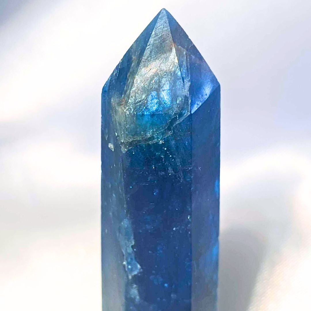 Blue Apatite & Smoky Quartz Tower Point with Iridescent Flash