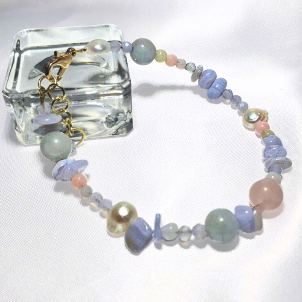 Morganite, Blue Lace Agate & Freshwater Pearl Bracelet