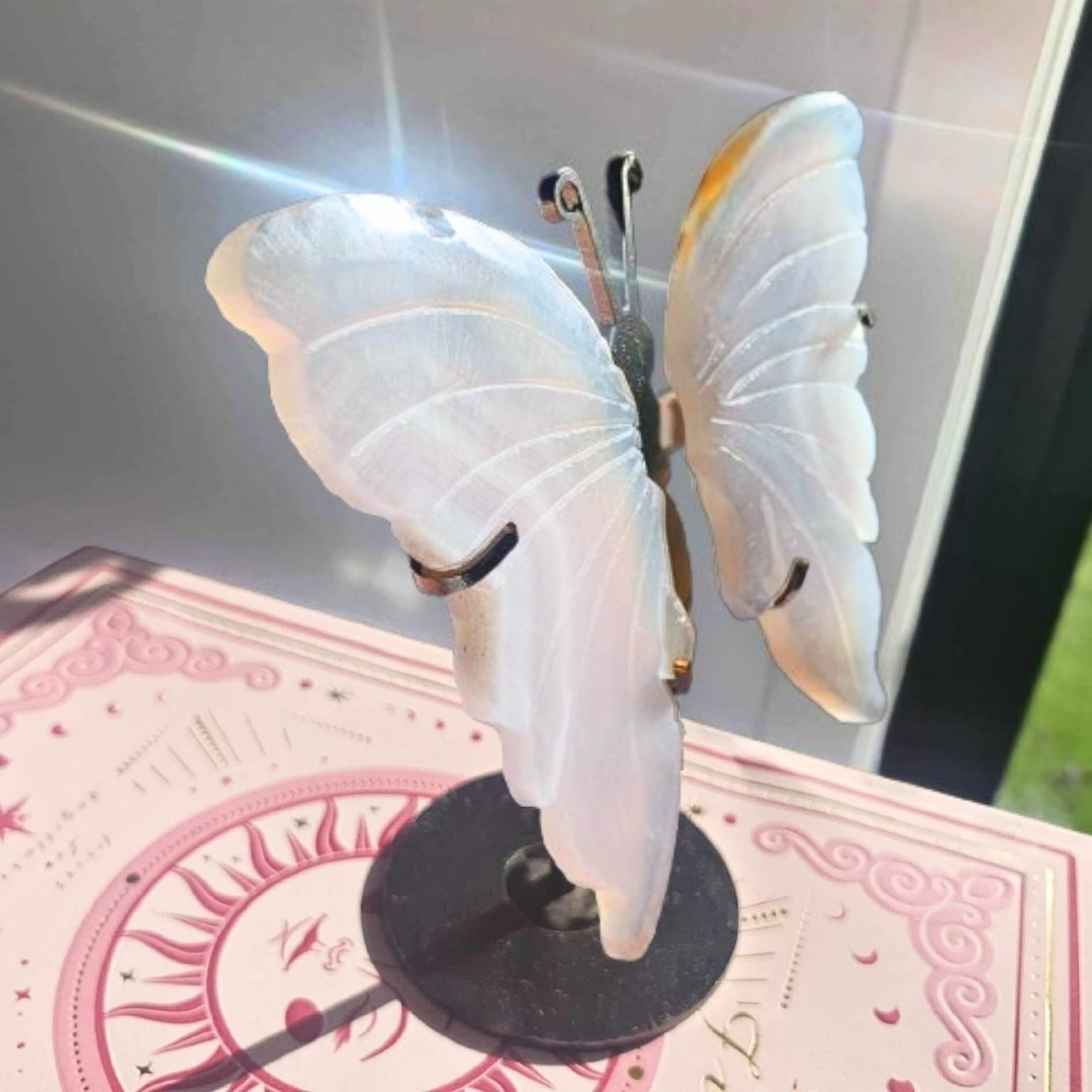 Banded Agate Crystal Butterfly on Custom Metal Stand Set