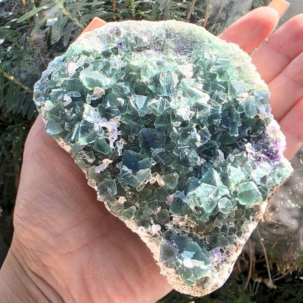 Large Green & Purple Cubic Fluorite with Calcite - Madagascar