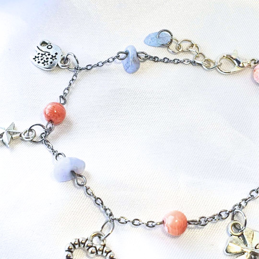 Rhodochrosite & Blue Lace Agate Crystal Charm Bracelet