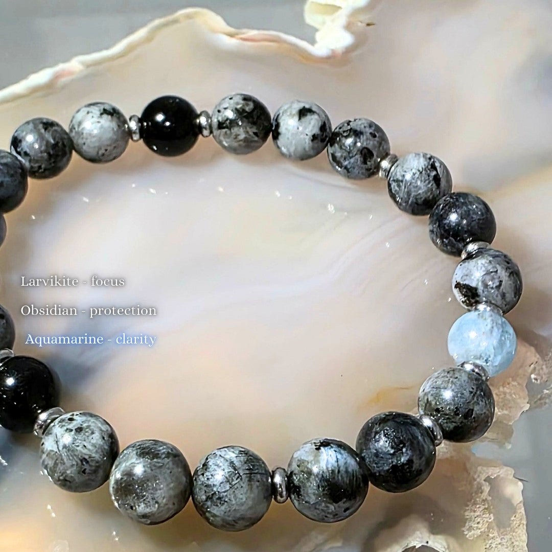 Stratus | Larvikite, Obsidian & Aquamarine Bracelet