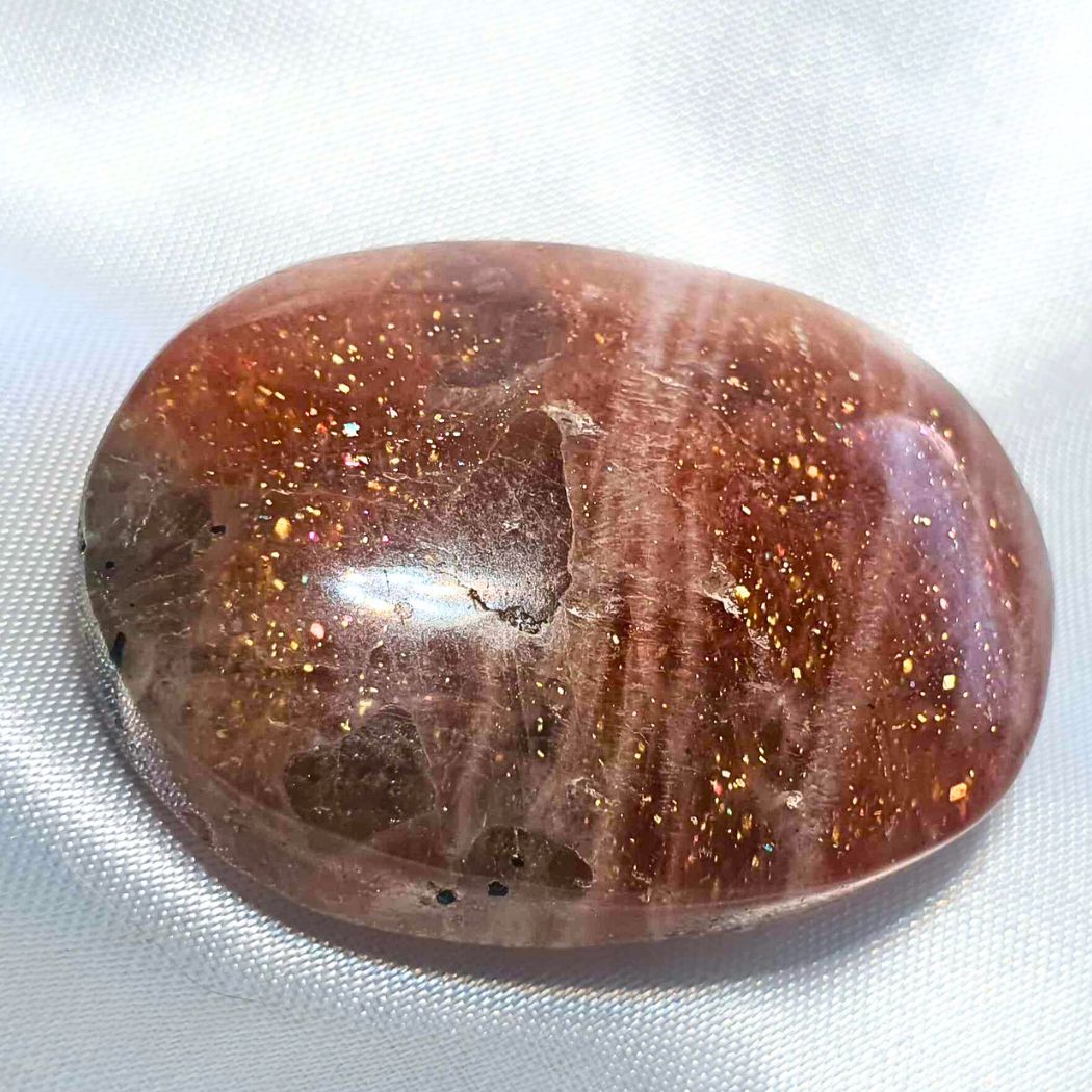 Extra Grade Sunstone & Black Tourmaline Small Palm Stone with Rainbow Flash