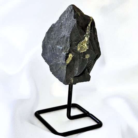 Shungite with Pyrite on Metal Stand