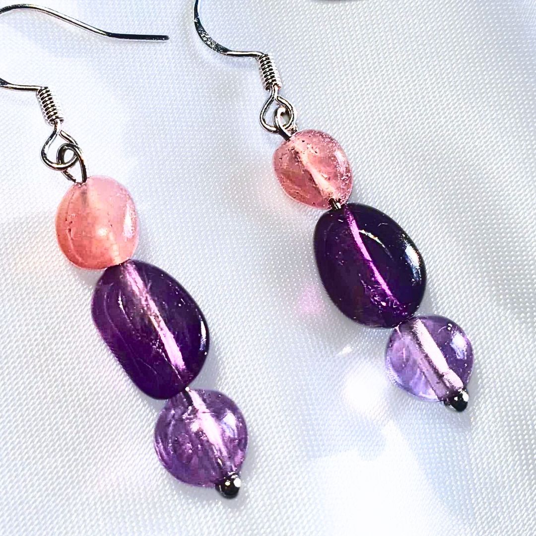 Sterling Silver Amethyst + Rose Quartz Crystal Earrings