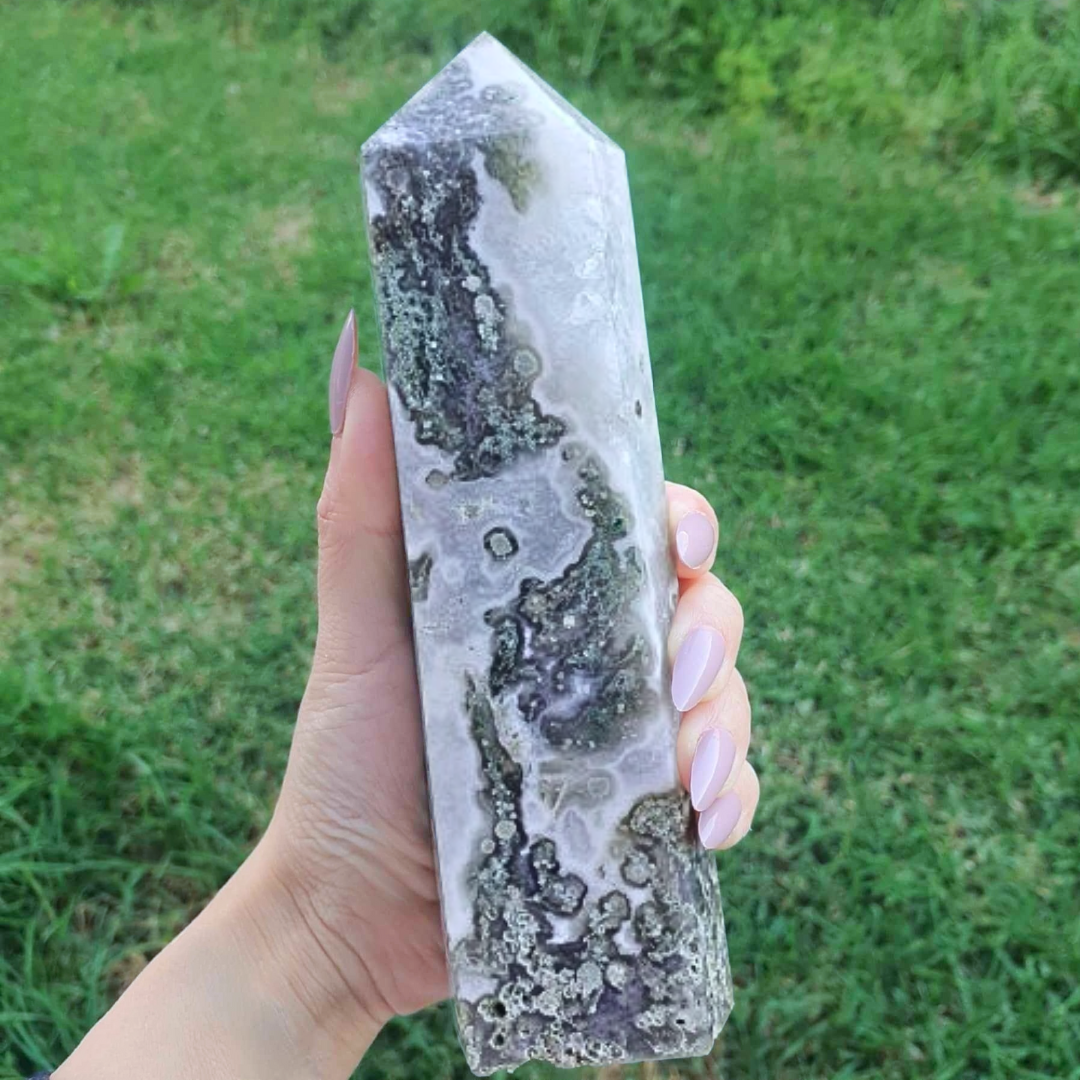 Large Moss Agate with Druzy Quartz Tower Point - 19cm, 749g