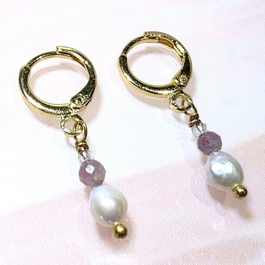 Dainty Faceted Pink Tourmaline & Pearl Drop Earrings