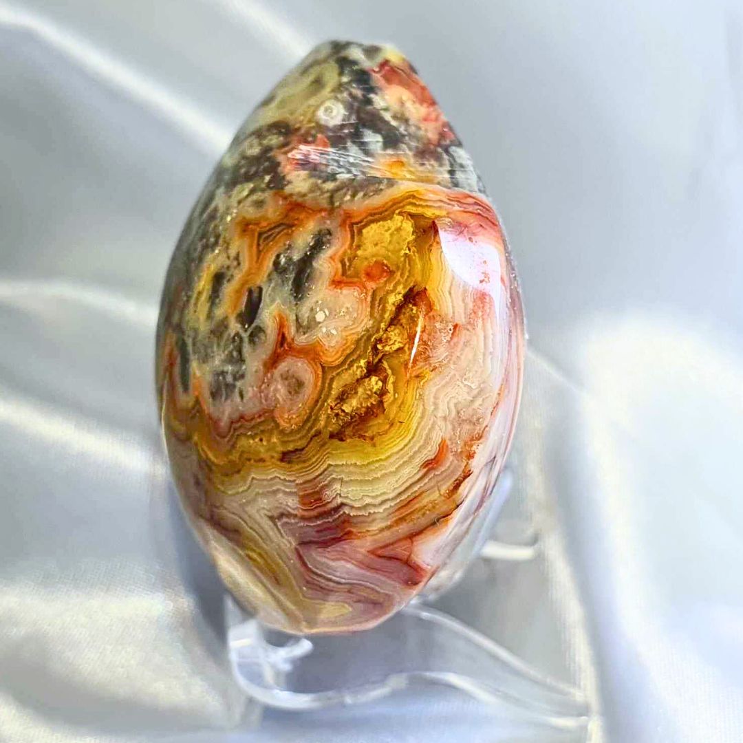 Crazy Lace Agate Puffy Heart Carving - includes stand