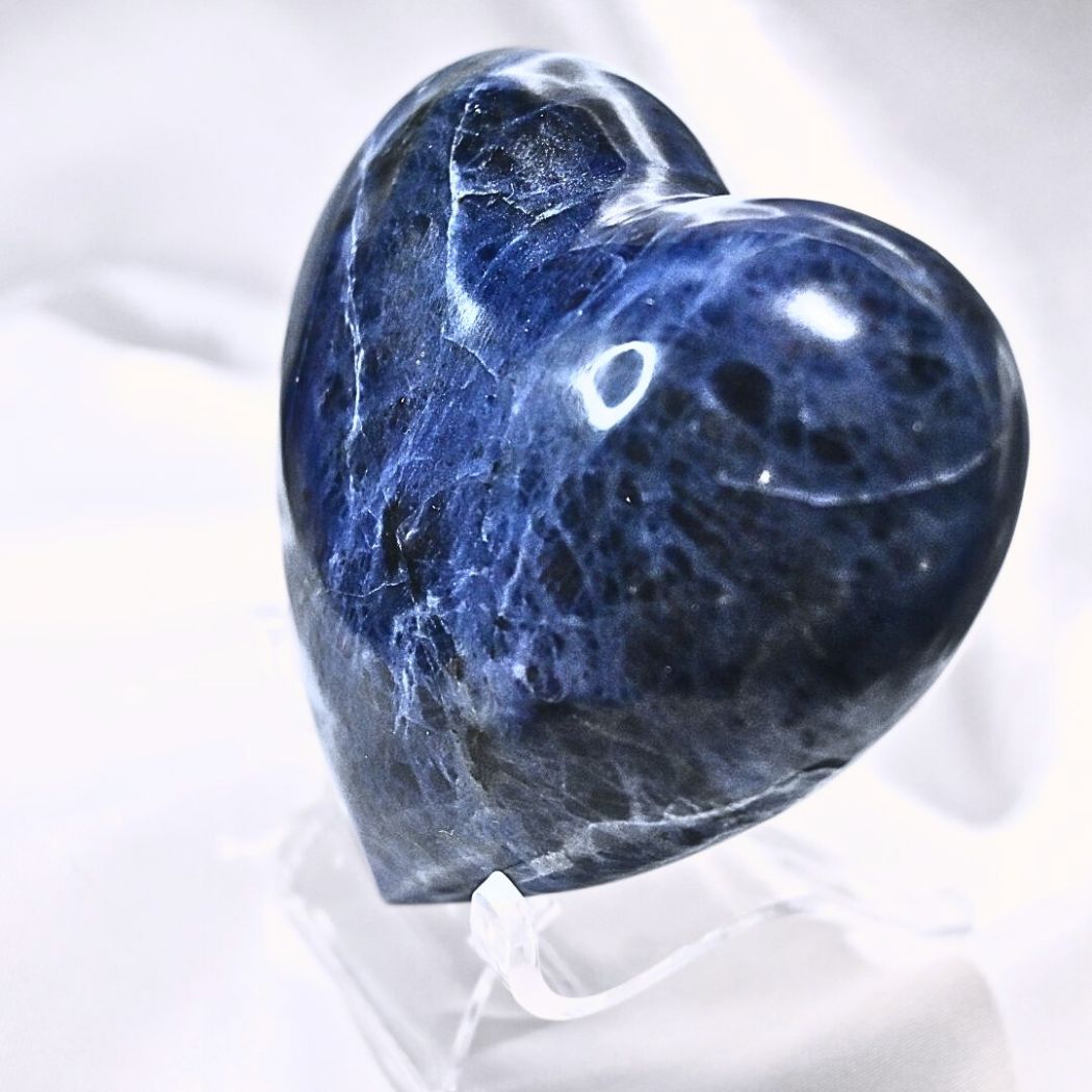 Large High Grade Sodalite Puffy Heart Carving with Silver Flash - includes stand