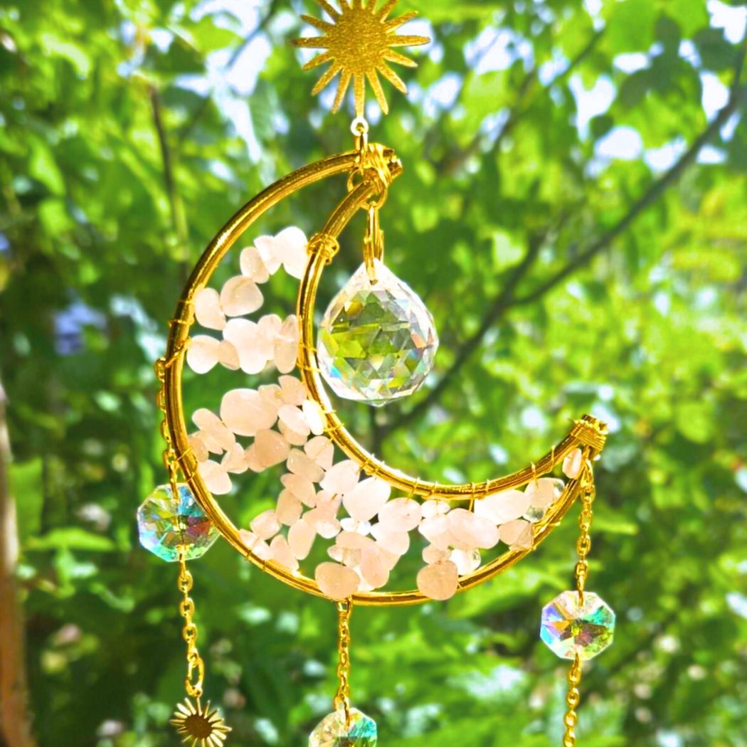 Large Wire Wrapped Moon Sun Catcher with Rose Quartz - 35cm long