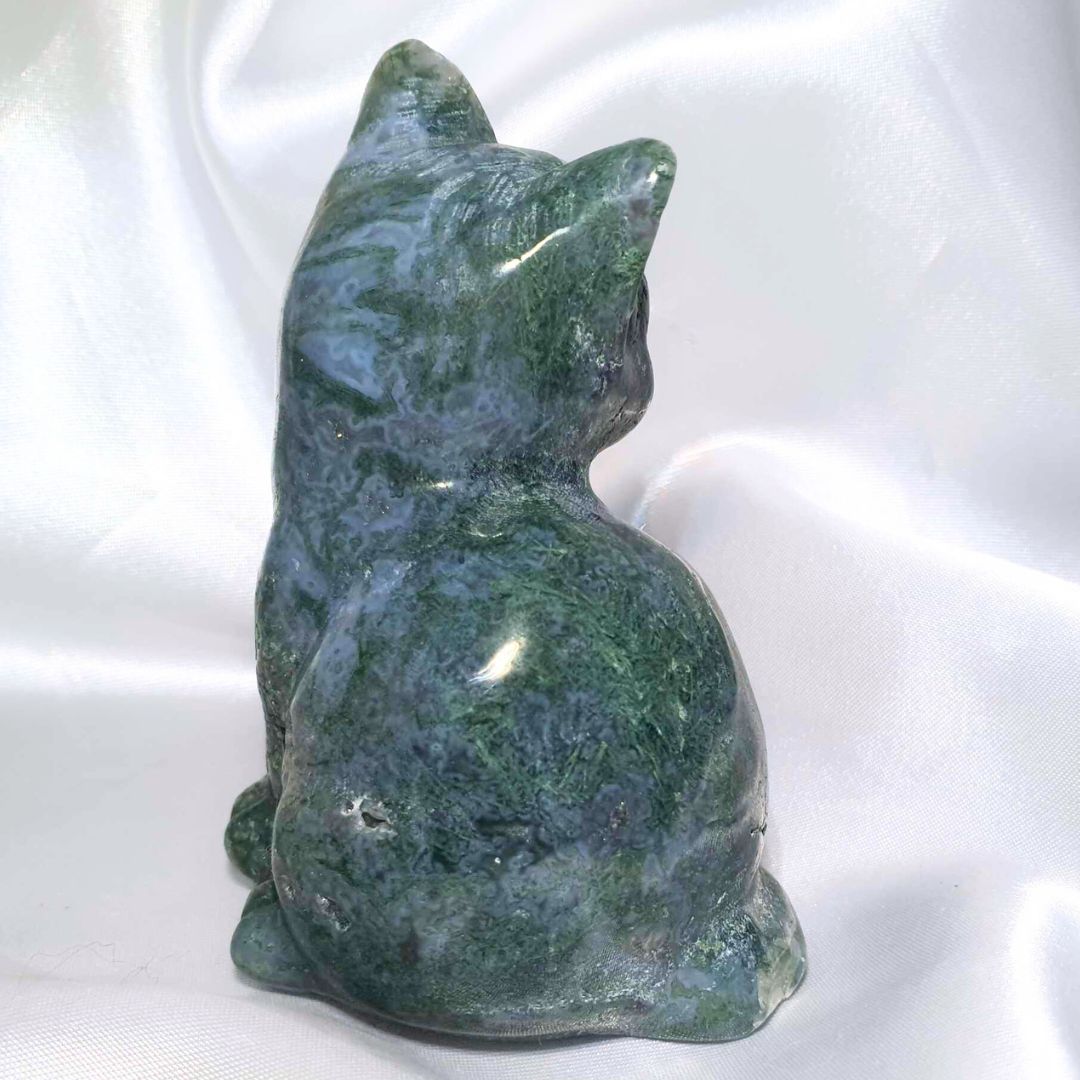 Large Moss Agate Cat Carving