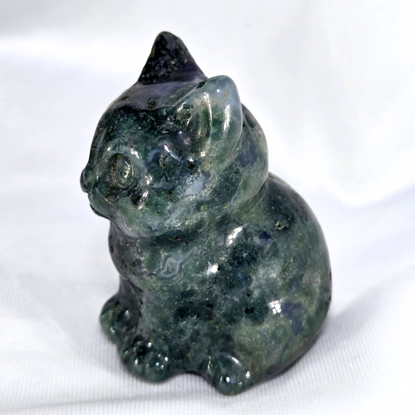 Moss Agate & Blue Chalcedony Cat Carving