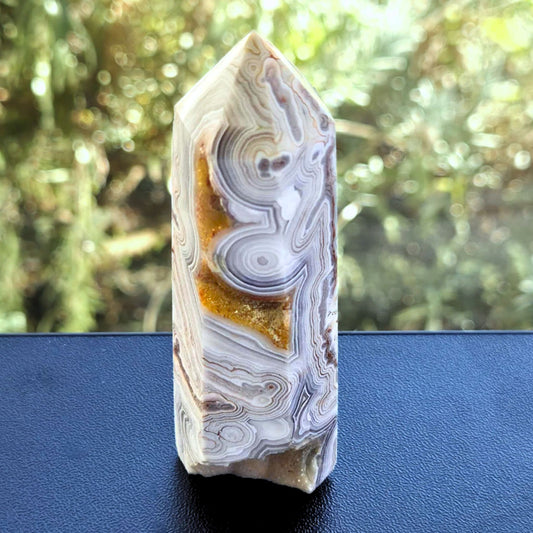 Crazy Lace Agate with Druzy Botryoidal Quartz Tower Point