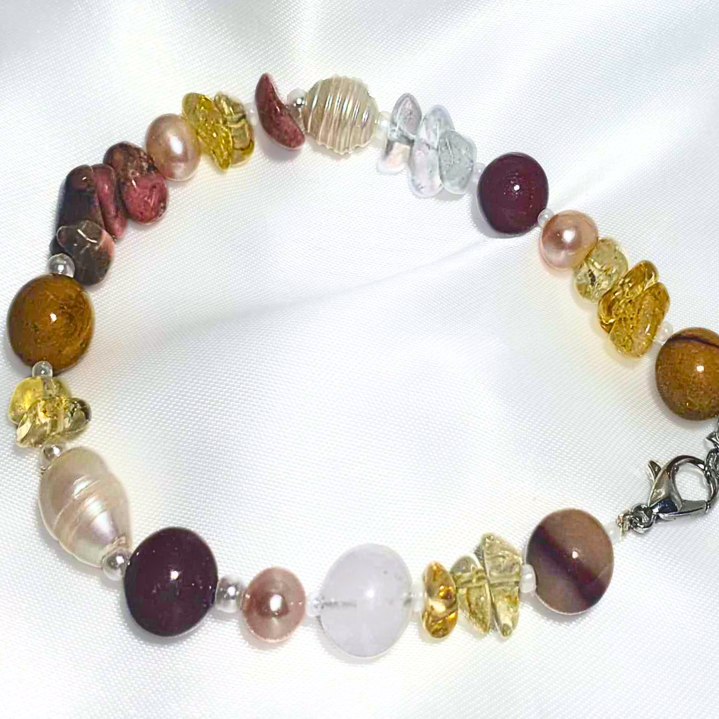 Mookaite, Clear Quartz, Citrine & Freshwater Pearl Bracelet