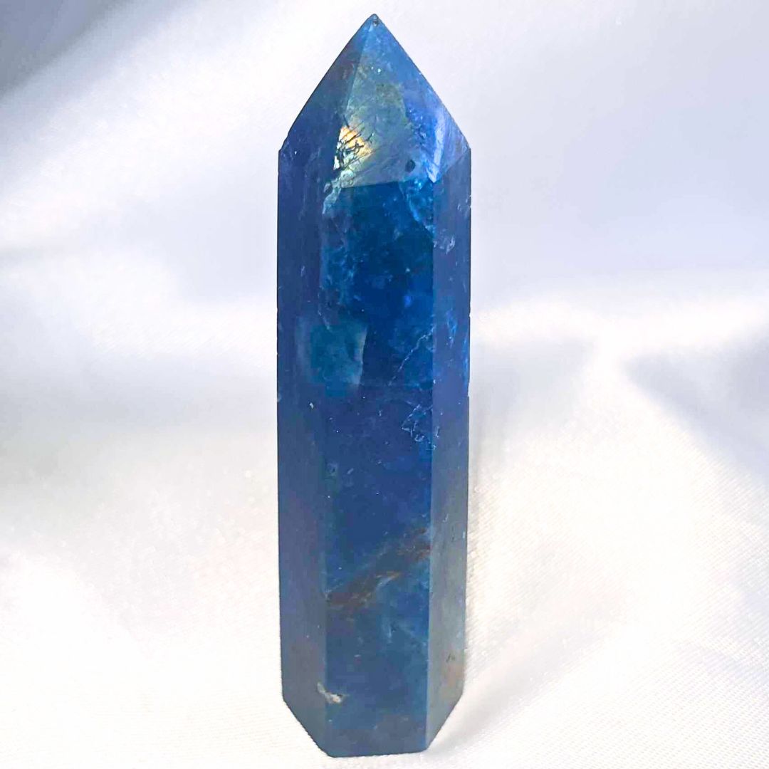 Blue Apatite & Smoky Quartz Tower Point with Iridescent Flash