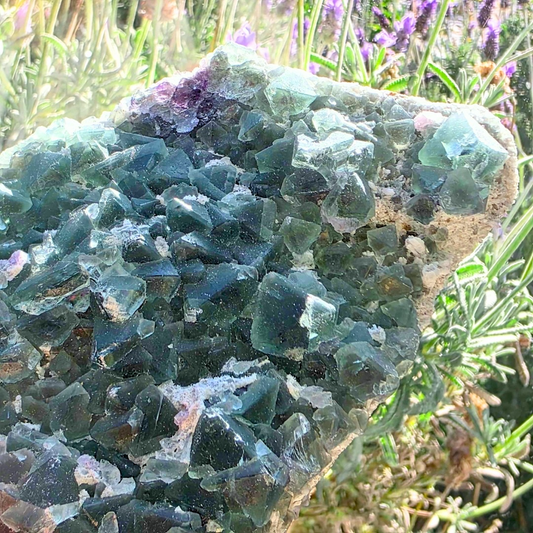 Large Green & Purple Cubic Fluorite with Calcite - Madagascar