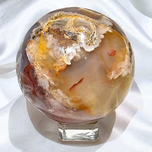 Large Flower Agate & Carnelian Sphere - 6.6cm across, 390g