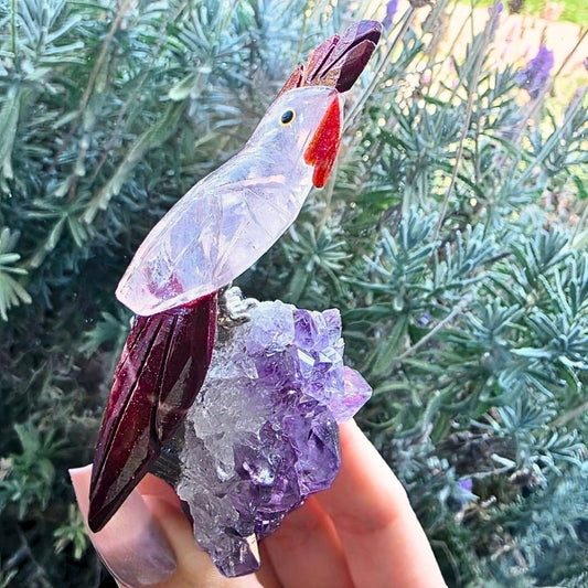 Clear Quartz Bird on Amethyst & Agate Cut Base