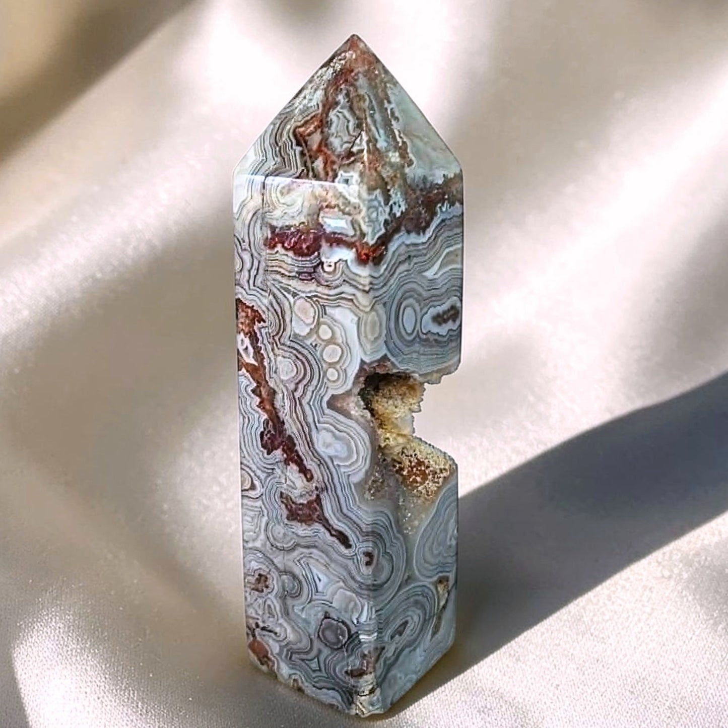 Crazy Lace Agate Tower with Druzy Quartz Opening